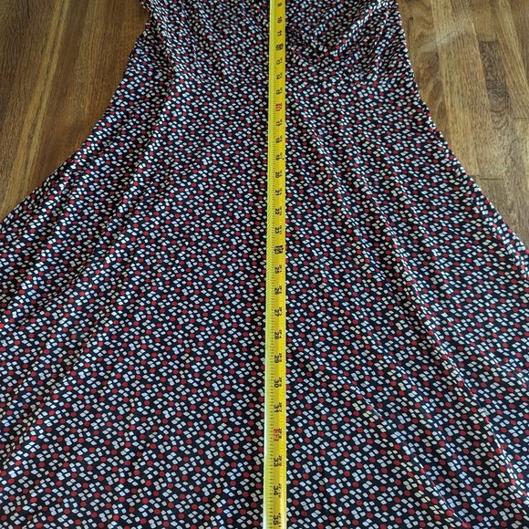 Women's Large Red, White, and Blue Block Print Flirty Dress Gathered Sleeves - Picture 3 of 7